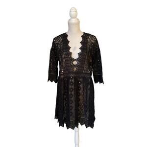 Jen’s Pirate Booty Black Lace Lined Crochet Flowey Mini Dress M/L